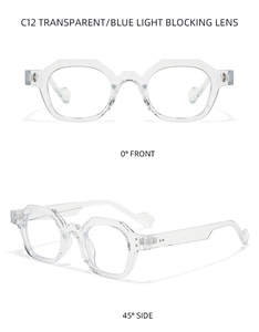 Detailed views of C12 polygon sunglasses featuring transparent frames and blue light lenses