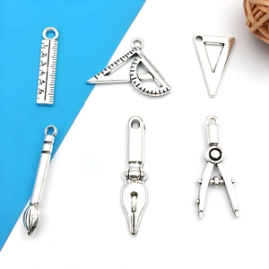 6pcs vintage silver alloy stationery charms set with rulers and pens for DIY jewelry