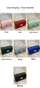 Mini quilted jelly bags with pearl handles and chain straps in seven various colors