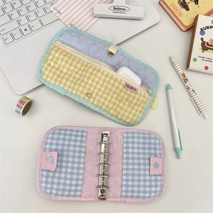 Quilted fabric binder set with yellow plaid pencil case and pink stationery organizer