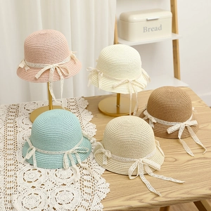 Kids straw sun hat set with lace bow in pink cream green and beige colors