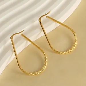 Vintage French Style Teardrop Hoop Earrings For Women Stainless Steel 18K Gold Plated Textured Rhombic Design