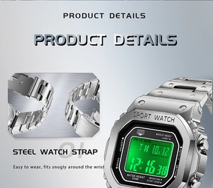 Detail of square sport watch with steel strap showing clasp and 50M water resistance