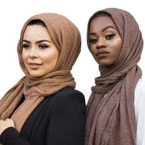 Women Wrinkled Cotton Viscose Scarf Shawl Fringed Tassel Edges Retro Solid Color Lightweight Breathable Hijab
