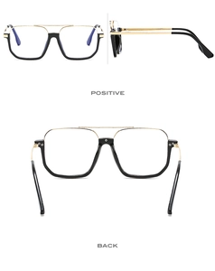 Detail view showing front and back of square black and gold anti-blue light glasses