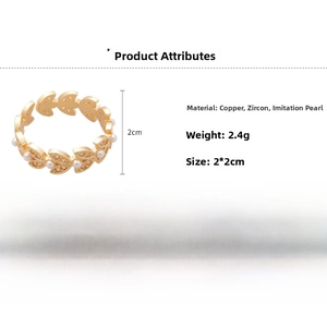 Detailed view of wheat leaf ring showing copper material, zircon, and pearl accents