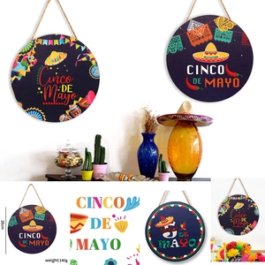 Cinco de Mayo 28cm round wooden sign with sombrero and chili festive party decorations