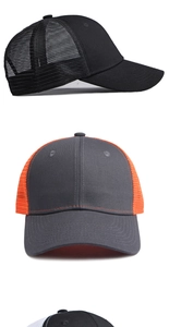 Detailed view of breathable mesh trucker hats with contrast stitching and adjustable straps