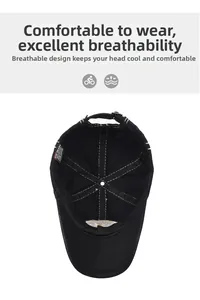 Detail of internal 100% cotton structure, reinforced seams and sweatband on black baseball cap