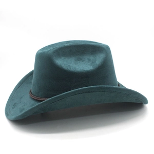 Detail view of dark teal faux suede cowboy hat with brown braided cord decoration