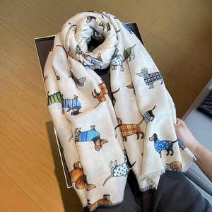 Long cotton linen white scarf with cartoon dachshund prints and fringed edges for women