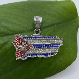 Detailed macro view of a silver Puerto Rico map pendant with colorful rhinestones on a leaf