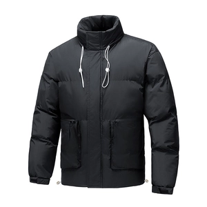 Men's minimalist black stand collar quilted jacket with white drawstrings and large pockets