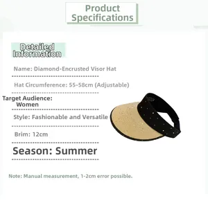 Detail showing adjustable 55-58cm inner band and 12cm wide brim of rhinestone sun visor