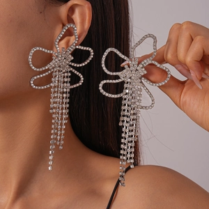Oversized Flower Tassel Earrings Copper Crystal Rhinestone With 925 Sterling Silver Earring Post For Women Party