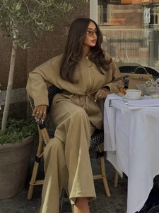 Giacca Con Cerniera E Pantaloni A Gamba Larga Da Donna Casual Coulisse Vita Regolabile Collo Alto Cargo Tessuto Tinta Unita