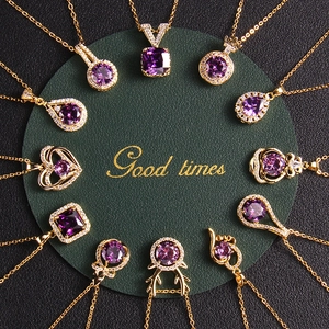 Elegant Purple Rhinestone Pendant Necklace Gold Plated Copper Heart Waterdrop Geometric Charm For Women Fashion Jewelry Accessory