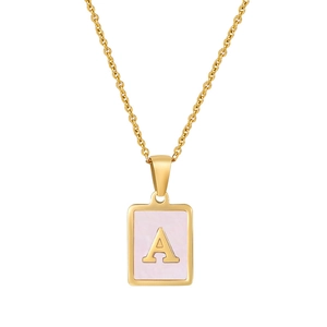 18K gold plated stainless steel necklace with pink rectangle pendant and letter A charm