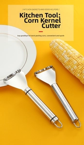 Macro shot of stainless steel corn peeler set with serrated blade and non-slip handle