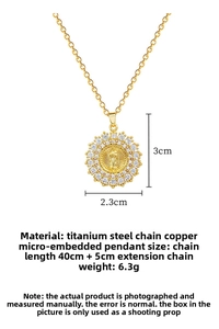 Detailed view of Virgin Mary gold pendant with dimensions 2.3x3cm and 45cm chain