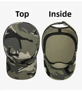Detail showing the inner lining with sweatband and the top view of camo flat top cap