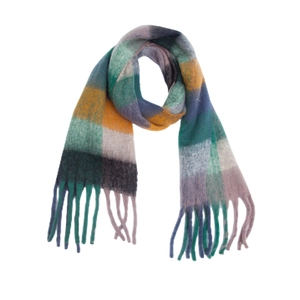 Cozy thick rainbow plaid scarf with chunky tassels in soft imitation mohair texture