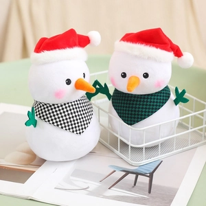 Cute Christmas snowman plush toy set with holiday hats and scarves in a gift basket
