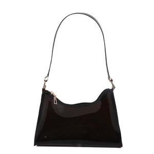 Fashionable black patent leather underarm bag with gold zipper and minimalist PVC style