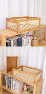 Close-up of rectangular rattan storage basket with wooden frame and side handles