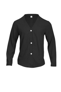 Detail shot of black knit cardigan collar showing 100% cotton tag and M size label