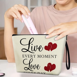 Trousse de maquillage en toile avec imprimé cœur et citation pour le rangement quotidien