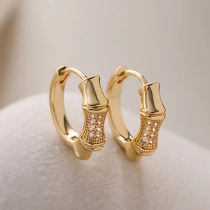 18K Gold Plated Copper Bamboo Joint Hoop Earrings Simple Zirconia Inlaid Niche Light Luxury Fashion Jewelry For Women