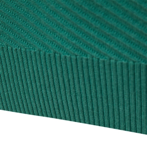 Close-up of green ribbed knit fabric texture on men's cotton crewneck sweater