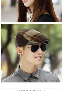 Detail of vintage wool plaid beret showing brown and beige checkered fabric texture