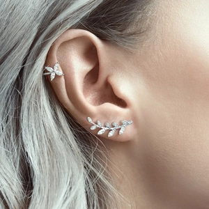Elegant S925 silver leaf ear cuff and earring set with shimmering cubic zirconia