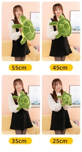 Detailed view of four different sizes of green plush turtle toys from 25cm to 55cm