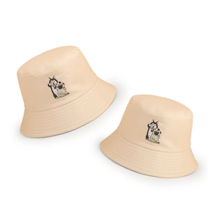 Beige bucket hat with cute cartoon dog embroidery on cotton canvas fabric
