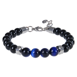 Vue détaillée des perles œil de tigre bleu 8mm et du fermoir en acier inoxydable du bracelet