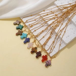 Natural Stone Cross Pendant Necklace Stainless Steel Gold Bead Snake Chain Religious Jewelry For Women Men