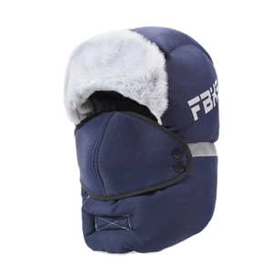 Winter thermal trapper hat in dark blue with faux fur lining and reflective strip