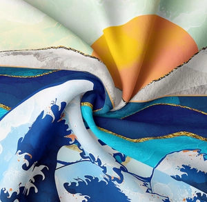 Detailed macro view of soft tapestry fabric with Great Wave off Kanagawa print texture