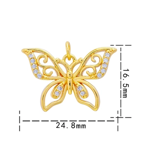 Golden butterfly pendant with white zircons, measuring 16.5mm by 24.8mm on white background