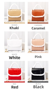 Close-up of crocodile texture and faux fur stitching on small handbags in six colors