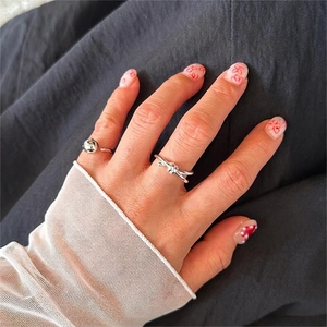 Minimalist S925 sterling silver knotted ring and polished ball open ring set for women