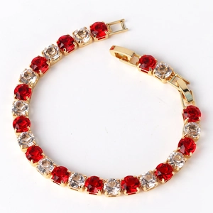 6mm gold tennis bracelet with red and clear cubic zirconia stones on white background