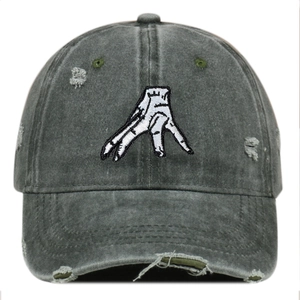 Distressed charcoal baseball cap featuring Wednesday Addams hand embroidery and torn edges