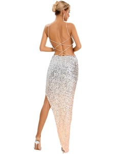 Detail of silver sequin gradient dress featuring cross-strap back and high slit