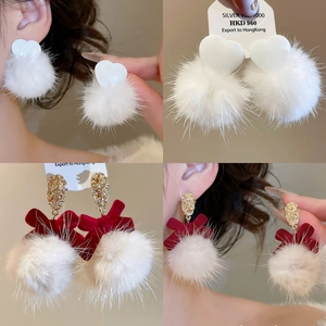 Pom Pom Earrings Alloy Heart Bowknot Faux Fur With Silver Earring Post Autumn Winter Sweet Fashion For Women Girls Jewelry