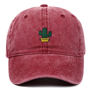Washed vintage red baseball cap featuring detailed green cactus embroidery on the front