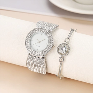 Set orologio al quarzo argento e bracciale con strass e quadrante in madreperla